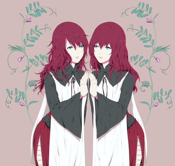 Anime picture 1575x1500 with nier popola devola xino long hair fringe multiple girls red hair aqua eyes siblings eye contact twins sisters floral background girl flower (flowers) 2 girls plant (plants)