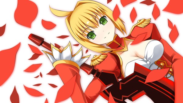 Anime picture 1536x864 with fate (series) fate/extra type-moon nero claudius (fate) (all) nero claudius (fate) yakitori (oni) single looking at viewer short hair blonde hair wide image green eyes ahoge underbust girl weapon petals sword epaulettes