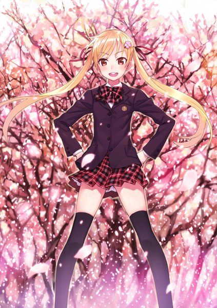 Anime picture 1411x2000 with original matsuryuu single long hair tall image looking at viewer blush open mouth blonde hair red eyes twintails zettai ryouiki cherry blossoms hands on hips girl thighhighs skirt uniform ribbon (ribbons) black thighhighs