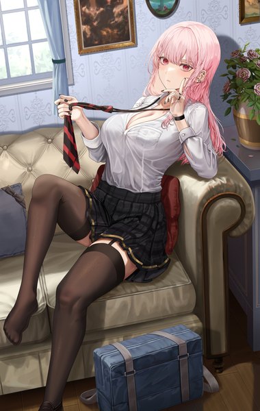 Anime picture 1684x2660 with original silvertsuki single long hair tall image looking at viewer blush fringe breasts light erotic red eyes large breasts sitting pink hair cleavage bent knee (knees) indoors blunt bangs long sleeves nail polish