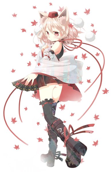 Anime picture 1500x2306 with touhou inubashiri momiji chitetan single tall image blush short hair light erotic blonde hair red eyes animal ears ass girl thighhighs dress black thighhighs hat detached sleeves boots leaf (leaves)