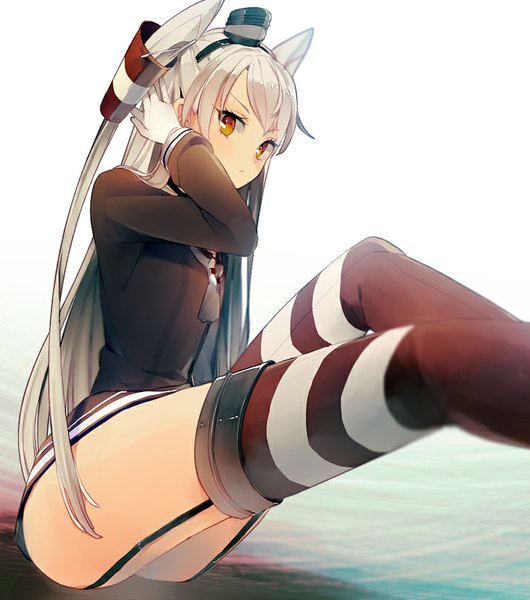 Anime picture 714x808 with kantai collection amatsukaze destroyer sayori (artist) single long hair tall image looking at viewer fringe light erotic simple background sitting brown eyes silver hair two side up hand on head girl thighhighs gloves hat white gloves