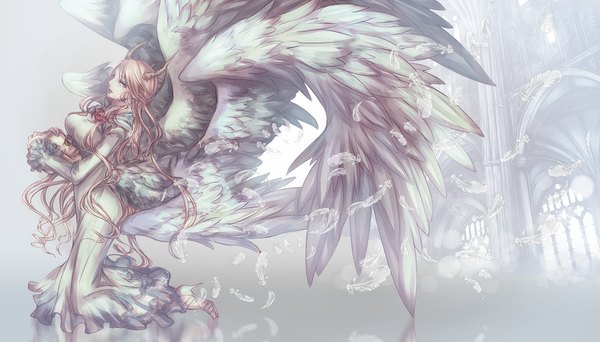 Anime picture 1200x684 with original pixiv fantasia pixiv fantasia fallen kings spi ce single long hair looking at viewer blue eyes blonde hair wide image horn (horns) high heels kneeling wavy hair white wings multiple wings girl dress wings frills