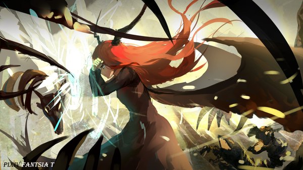 Anime picture 1920x1080 with original pixiv fantasia sishenfan single long hair fringe highres red eyes wide image red hair horn (horns) crossed arms black wings fighting stance serious jpeg artifacts girl dress wings monster