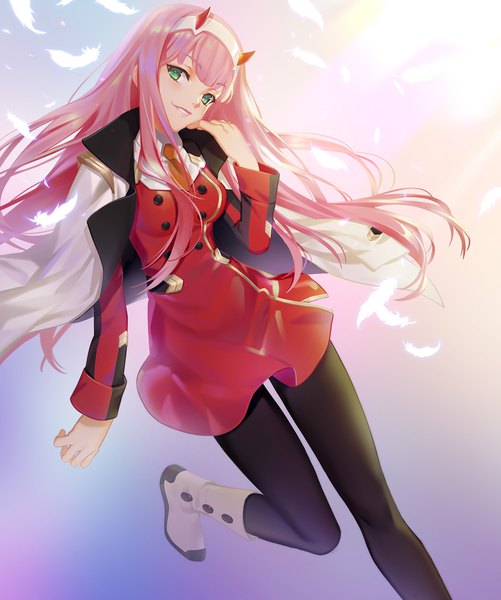 Anime picture 1240x1486 with darling in the franxx studio trigger zero two (darling in the franxx) littleamber single long hair tall image looking at viewer fringe smile green eyes pink hair bent knee (knees) horn (horns) clothes on shoulders girl uniform pantyhose black pantyhose headband
