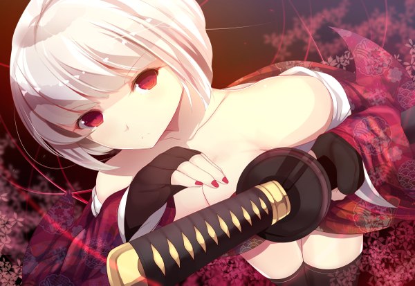 Anime picture 1200x827 with original daiaru single looking at viewer short hair light erotic red eyes bare shoulders white hair traditional clothes japanese clothes girl thighhighs gloves weapon black thighhighs sword kimono fingerless gloves katana