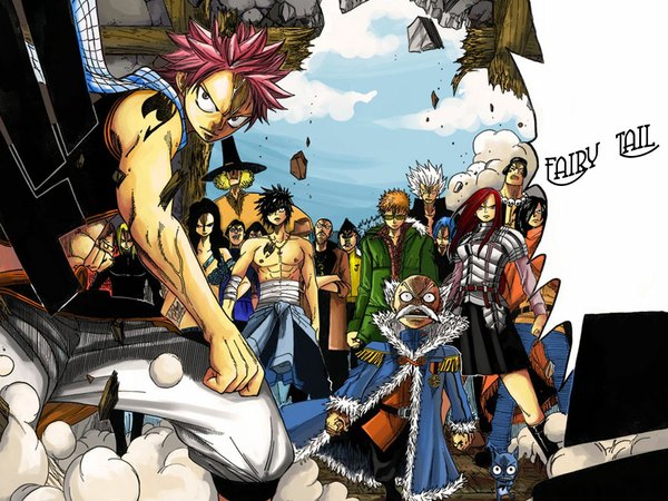 Anime picture 1024x768 with fairy tail erza scarlet natsu dragneel gray fullbuster happy (fairy tail) cana alberona loke elfman strauss makarov dreyar mashima hiro long hair short hair pink hair white hair red hair tattoo group angry destruction girl