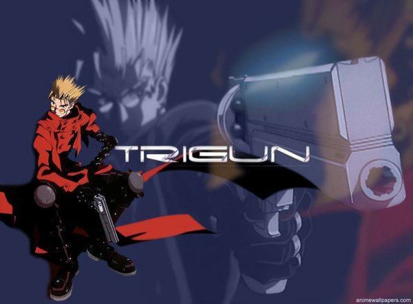 Anime picture 1024x756 with trigun vash the stampede single short hair blue eyes blonde hair sitting signed smoke boy gloves weapon boots armor gun knee boots coat