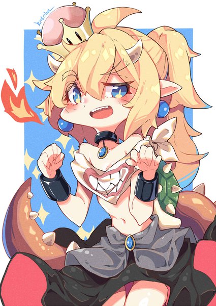 Anime picture 1200x1696 with super mario bros. new super mario bros. u deluxe bowsette jr. kotoba (pixiv8896699) single long hair tall image looking at viewer blush fringe open mouth blue eyes simple background blonde hair smile hair between eyes standing payot ponytail tail