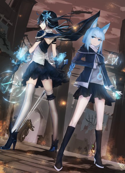 Anime picture 1440x2000 with original pixiv fantasia pixiv fantasia fallen kings mek long hair tall image blue eyes black hair multiple girls animal ears blue hair braid (braids) magic girl thighhighs skirt gloves hair ornament 2 girls white thighhighs