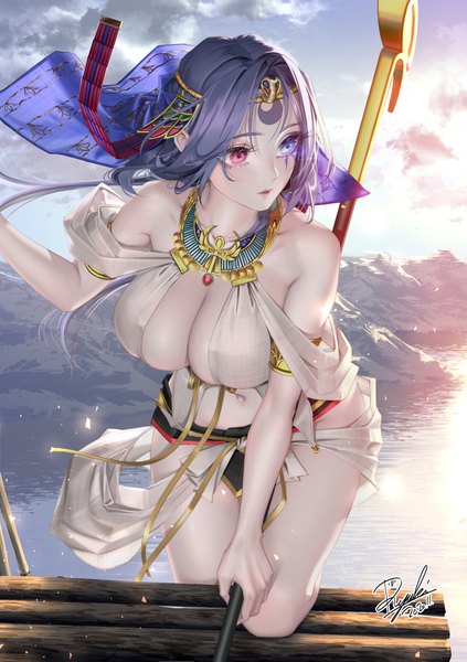 Anime picture 1353x1920 with original ryuki@maguro-ex single long hair tall image fringe breasts open mouth blue eyes light erotic red eyes large breasts standing bare shoulders holding signed blue hair looking away sky cloud (clouds)