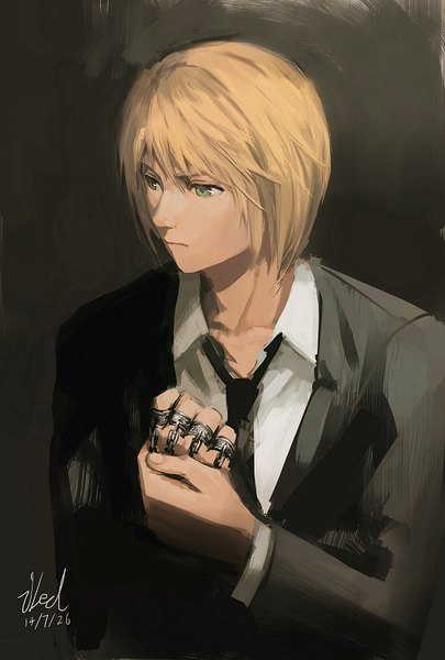 Anime picture 600x888 with hunter x hunter kurapica fancybetty single tall image fringe short hair simple background blonde hair hair between eyes green eyes signed looking away upper body dated portrait dark background formal boy shirt