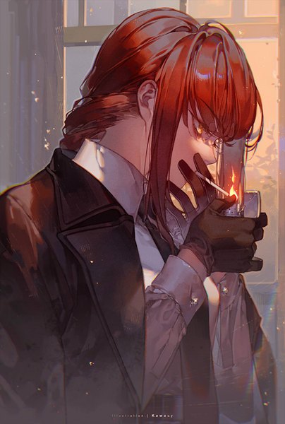 Anime picture 689x1024 with chainsaw man mappa makima (chainsaw man) kawacy single long hair tall image yellow eyes payot looking away upper body red hair profile clothes on shoulders smoking girl gloves shirt black gloves necktie