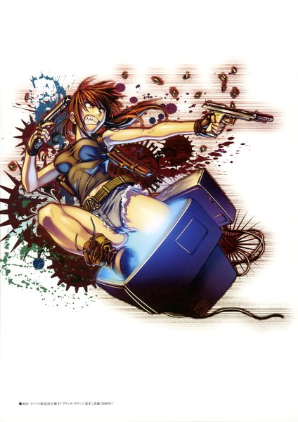Anime picture 2506x3547 with black lagoon madhouse revy (black lagoon) hiroe rei single long hair tall image highres open mouth light erotic brown hair white background yellow eyes looking away ponytail scan official art angry girl gloves