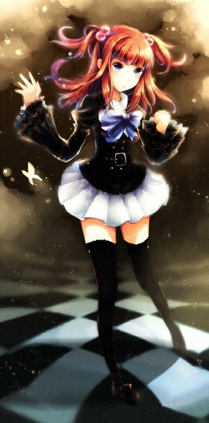 Anime picture 500x1012 with umineko no naku koro ni ushiromiya ange vienri single long hair tall image blue eyes red hair two side up zettai ryouiki girl thighhighs dress skirt hair ornament black thighhighs bowtie hair tie hair bobbles