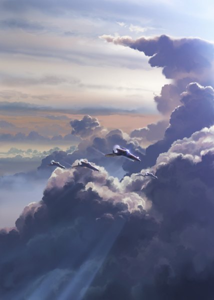 Anime picture 1037x1453 with original tama usagi (artist) tall image sky cloud (clouds) light aircraft airplane jet