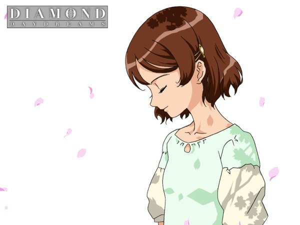 Anime picture 1024x768 with kita e ~diamond dust drops~ akanegi atsuko single short hair simple background brown hair white background upper body eyes closed profile shadow wallpaper copyright name girl hair ornament petals