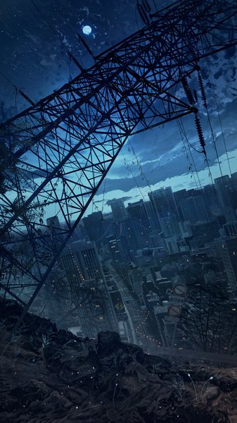 Anime picture 3376x6000 with original banishment tall image highres absurdres sky cloud (clouds) night city cityscape no people plant (plants) moon full moon power lines traffic sign