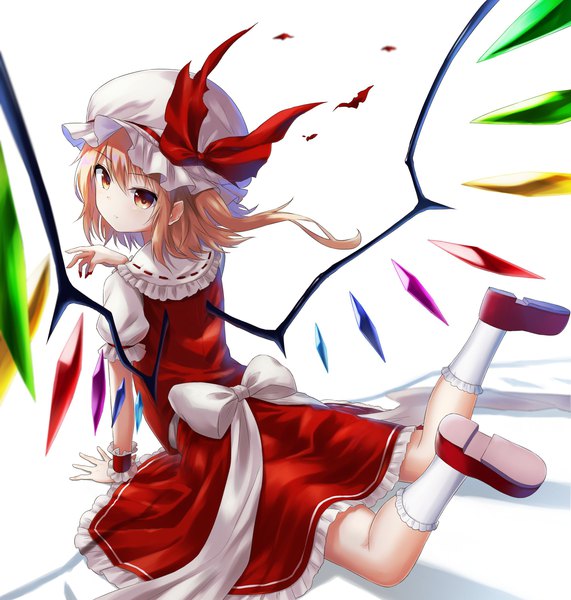 Anime picture 2855x3000 with touhou flandre scarlet satou (3366 s) single tall image looking at viewer fringe highres short hair simple background blonde hair red eyes white background full body lying looking back pointy ears from behind arm support on stomach