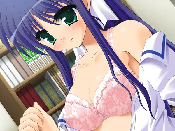 Anime picture 1024x768 with sakura machizaka stories (game) blush light erotic green eyes game cg purple hair girl serafuku