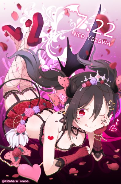 Anime picture 789x1200 with love live! school idol project sunrise (studio) love live! yazawa nico kitahara tomoe (kitahara koubou) single long hair tall image looking at viewer black hair smile red eyes twintails one eye closed horn (horns) wink girl thighhighs skirt gloves