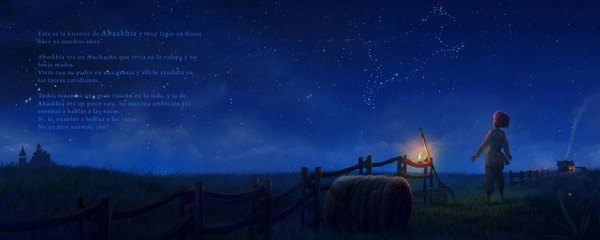 Anime picture 3000x1200 with abaskhia, the boy who wanted to teach about the cows (book) abaskhia davidlimubai single highres short hair wide image pink hair sky from behind inscription night night sky torn clothes smoke cover constellation cover page boy plant (plants)