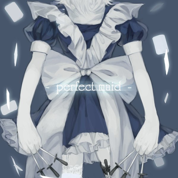 Anime picture 1000x1000 with touhou izayoi sakuya tian (my dear) single simple background holding from behind maid back glowing pale skin girl thighhighs bow weapon white thighhighs garter straps lace dagger