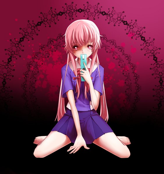 Anime picture 1467x1561 with mirai nikki gasai yuno 778-go single long hair tall image pink hair pink eyes barefoot kneeling girl uniform school uniform phone