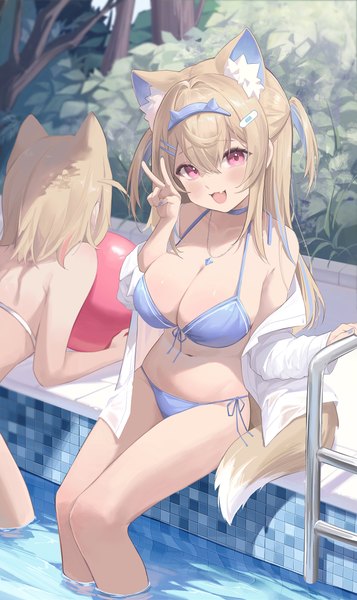 Anime picture 3000x5045 with virtual youtuber hololive hololive english mococo abyssgard fuwawa abyssgard midori xu long hair tall image blush fringe highres short hair breasts open mouth light erotic blonde hair smile hair between eyes sitting multiple girls