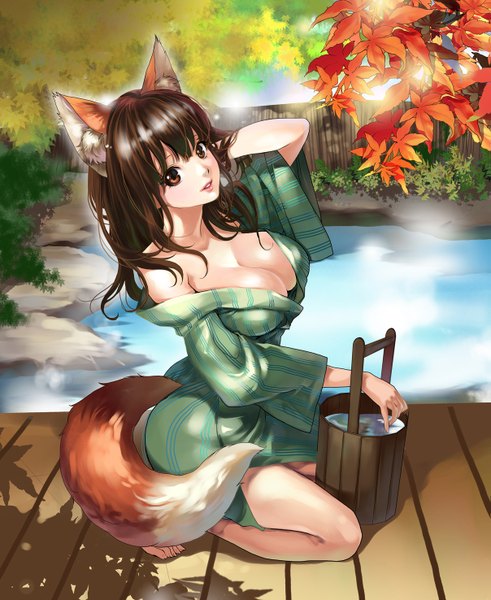 Anime picture 1207x1476 with million arthur (series) kaku-san-sei million arthur diffusion million arthur square enix chushengdao single long hair tall image breasts light erotic brown hair large breasts brown eyes animal ears tail traditional clothes japanese clothes animal tail fox ears fox tail
