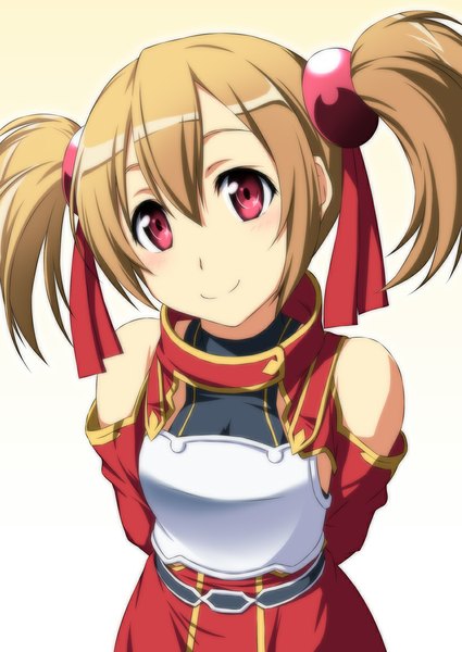 Anime picture 836x1180 with sword art online a-1 pictures silica nori tamago single tall image looking at viewer blush short hair simple background smile red eyes brown hair white background twintails bare shoulders short twintails girl dress hair ornament