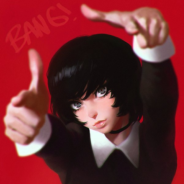 Anime picture 900x900 with original ilya kuvshinov single looking at viewer fringe short hair black hair simple background from above realistic grey eyes red background pointing pointing at viewer bang girl