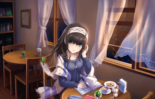 Anime picture 2560x1648 with idolmaster idolmaster cinderella girls idolmaster cinderella girls starlight stage sagisawa fumika annindoufu (oicon) single long hair looking at viewer fringe highres blue eyes black hair sitting wind official art girl dress window pendant book (books)