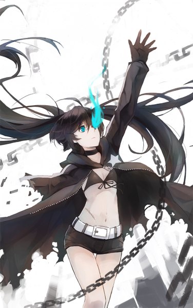 Anime picture 800x1275 with black rock shooter black rock shooter (character) zhuxiao517 single long hair tall image black hair simple background aqua eyes bare belly torn clothes glowing looking up scar glowing eye (eyes) broken girl navel jacket shorts