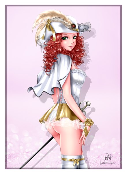 Anime picture 2200x3000 with thenightwishmaster single long hair tall image highres light erotic green eyes ass red hair lips from behind girl thighhighs underwear panties weapon hat white thighhighs cloak corset