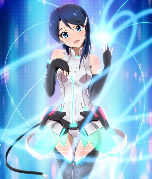 Anime picture 1100x1298 with idolmaster idolmaster dearly stars vocaloid vocaloid append mizutani eri hina (araburu-hinadori) single tall image looking at viewer short hair open mouth blue eyes light erotic black hair bare shoulders blue background cosplay hatsune miku (cosplay) girl thighhighs