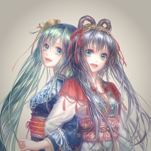 Anime picture 1000x1000 with vocaloid vocaloid china hatsune miku luo tianyi mayoimayoi long hair looking at viewer breasts blue eyes large breasts purple eyes twintails multiple girls looking away traditional clothes aqua hair wide sleeves back to back girl hair ornament
