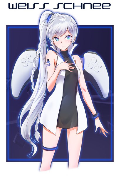 Anime picture 1100x1600 with rwby rooster teeth sony weiss schnee ps5 chan iesupa single long hair tall image looking at viewer blue eyes silver hair braid (braids) parted lips tattoo character names sleeveless thighs side ponytail scar
