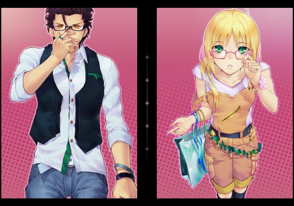 Anime picture 1200x840 with fate (series) fate/zero type-moon artoria pendragon (all) saber diarmuid ua duibhne (lancer) (fate) tagme (artist) long hair looking at viewer short hair open mouth blonde hair green eyes yellow eyes open clothes open shirt casual adjusting glasses bespectacled girl