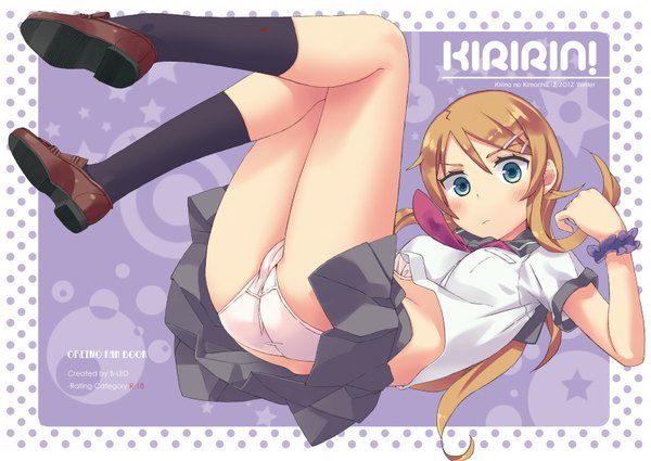 Anime picture 1693x1200 with ore no imouto ga konna ni kawaii wake ga nai kousaka kirino ichirou (b-led) long hair blush blue eyes light erotic blonde hair legs girl skirt uniform hair ornament underwear panties miniskirt socks serafuku necktie black socks