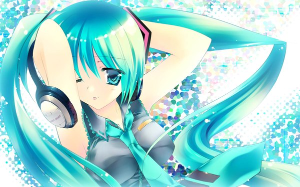 Anime picture 1915x1200 with vocaloid hatsune miku rei (rei's room) single long hair looking at viewer fringe highres breasts simple background hair between eyes wide image twintails upper body one eye closed aqua eyes wink aqua hair arms up arms behind head