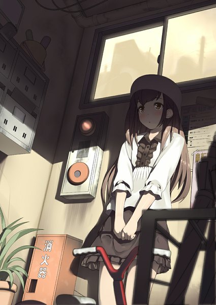 Anime picture 800x1130 with original kinugasa yuuichi single long hair tall image blush black hair brown eyes closed umbrella girl dress plant (plants) window umbrella ground vehicle cap bicycle