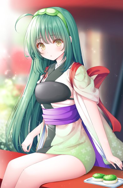 Anime picture 644x982 with vocaloid voiceroid touhoku zunko murano single long hair tall image blush sitting green eyes ahoge traditional clothes japanese clothes green hair :o girl food sweets kimono obi