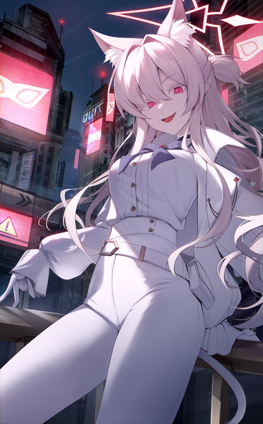 Anime picture 3500x5644 with blue archive akira (blue archive) okkimon single long hair tall image looking at viewer fringe highres open mouth smile hair between eyes red eyes standing animal ears absurdres outdoors white hair tail long sleeves