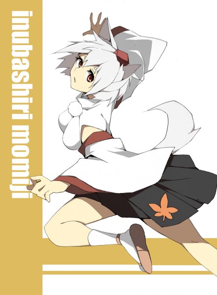 Anime picture 890x1211 with touhou inubashiri momiji wadani hitonori single tall image looking at viewer short hair simple background red eyes white background animal ears bent knee (knees) white hair tail animal tail character names spread arms wolf ears wolf tail wolf girl