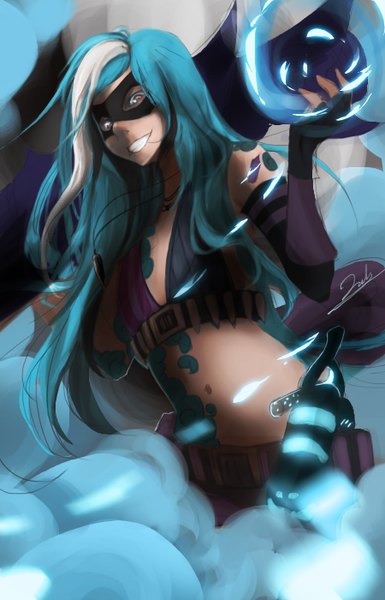 Anime picture 900x1400 with league of legends jinx (league of legends) lahhtoota (artist) single long hair tall image looking at viewer breasts smile red eyes blue hair multicolored hair two-tone hair bare belly tattoo streaked hair flat chest girl navel weapon