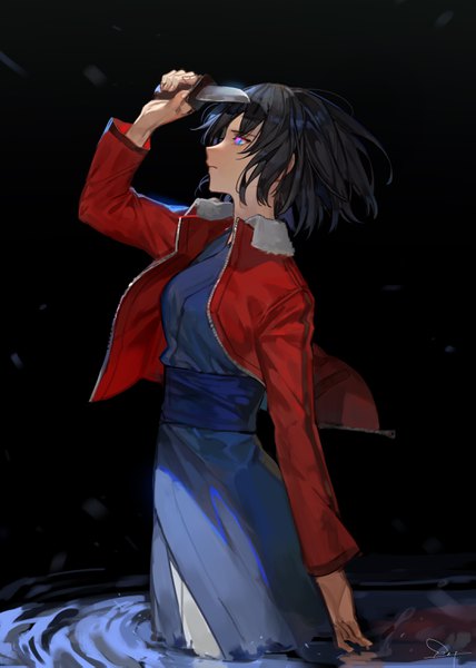 Anime picture 2197x3077 with kara no kyoukai type-moon ryougi shiki chyoel single tall image highres short hair blue eyes black hair simple background standing signed profile arm up open jacket partially submerged black background looking up girl