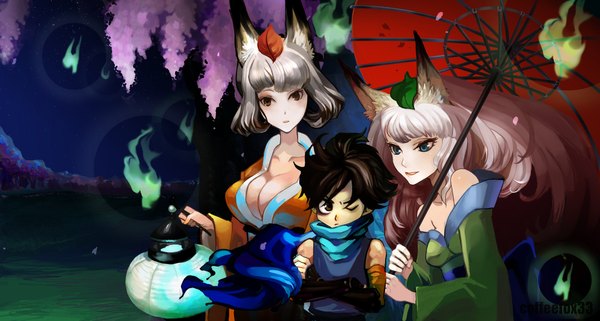 Anime picture 2000x1073 with oboro muramasa (game) vanillaware kongiku yuzuruha kisuke coffeefox33 (pixiv) long hair highres short hair breasts blue eyes light erotic brown hair wide image large breasts bare shoulders multiple girls brown eyes animal ears cleavage