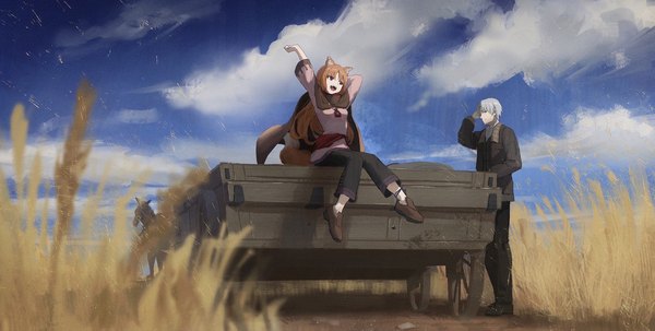 Anime picture 1800x910 with spice and wolf horo craft lawrence nekoreito long hair highres short hair open mouth wide image standing sitting animal ears sky silver hair cloud (clouds) full body outdoors :d orange hair wolf ears