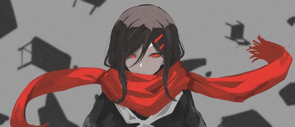 Anime picture 2048x889 with kagerou project shaft (studio) tateyama ayano medefici single long hair looking at viewer fringe highres simple background hair between eyes red eyes brown hair wide image upper body grey background polychromatic no pupils empty eyes girl